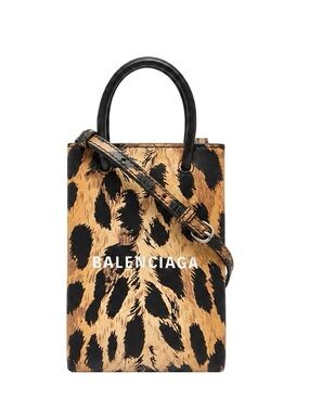Balenciaga Leopard Print Leather Shopping Phone Holder Mini Bag Crossbody W/ COA